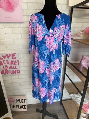 Lilly Pulitzer Blue Midi Dress with Pink Floral Print